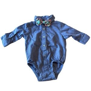Button Up Longsleeve Blue Baby Onesie with Plaid Bow Tie 3 Months 100% Cotton